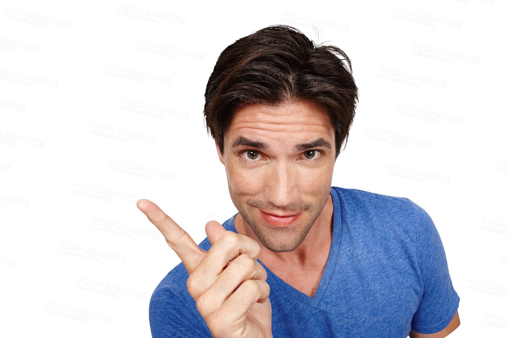 Buy stock photo Portrait, feedback and announcement with a man pointing for marketing isolated on a transparent background. Face, about us and review with a confident young person on PNG for a promotion offer