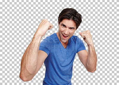 Buy stock photo Man, portrait and hands with fist for fight, victory or yes hand gesture isolated on png transparent background. Person, face and challenge with power, winner and success with confidence and excited