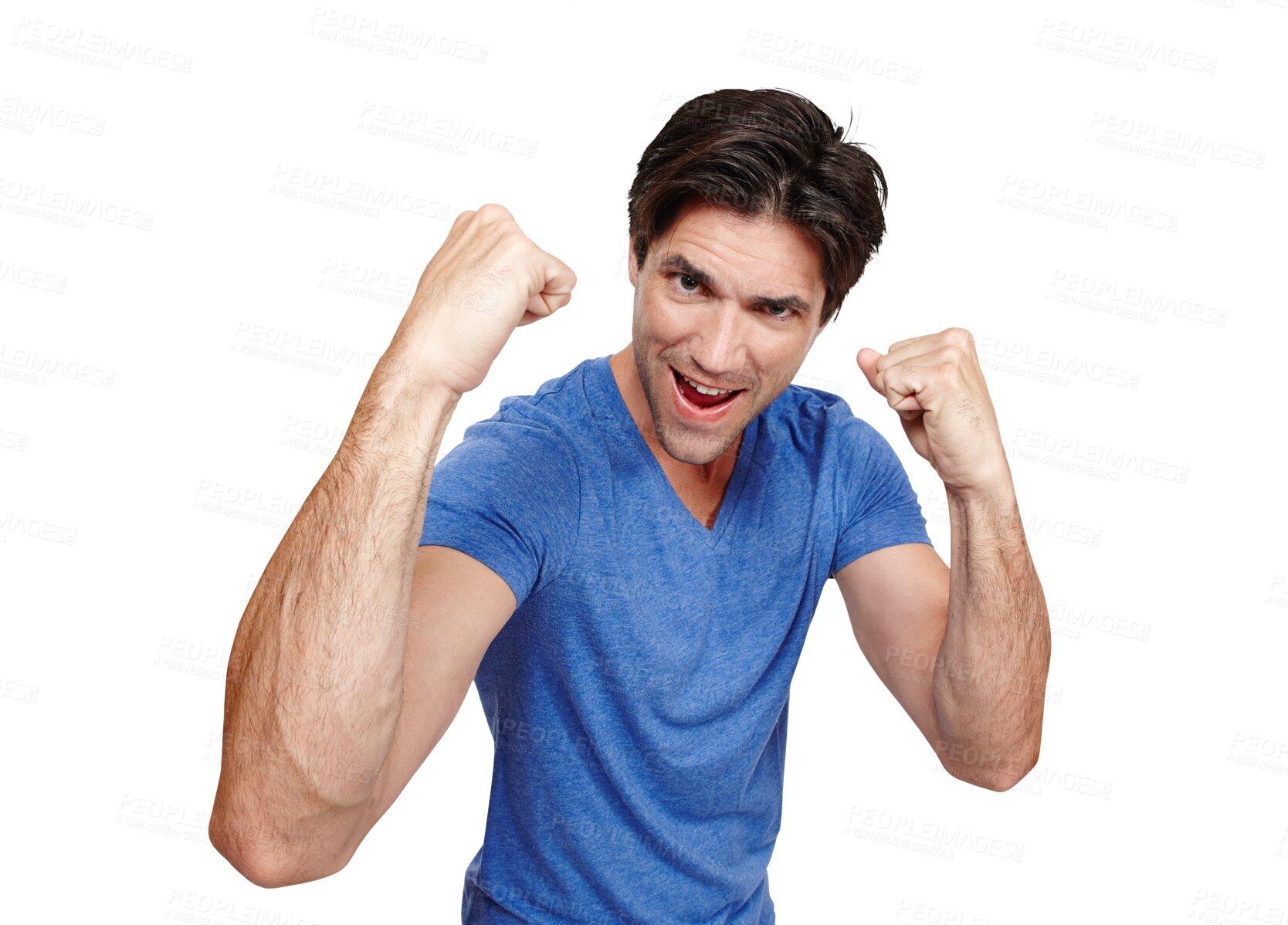 Buy stock photo Man, portrait and hands with fist for fight, victory or yes hand gesture isolated on png transparent background. Person, face and challenge with power, winner and success with confidence and excited