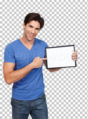 Buy stock photo Man, blank clipboard and smile in portrait, sign up and paper for advertising, info and logo. Male person, branding and poster or ambassador, announcement and isolated on transparent png background