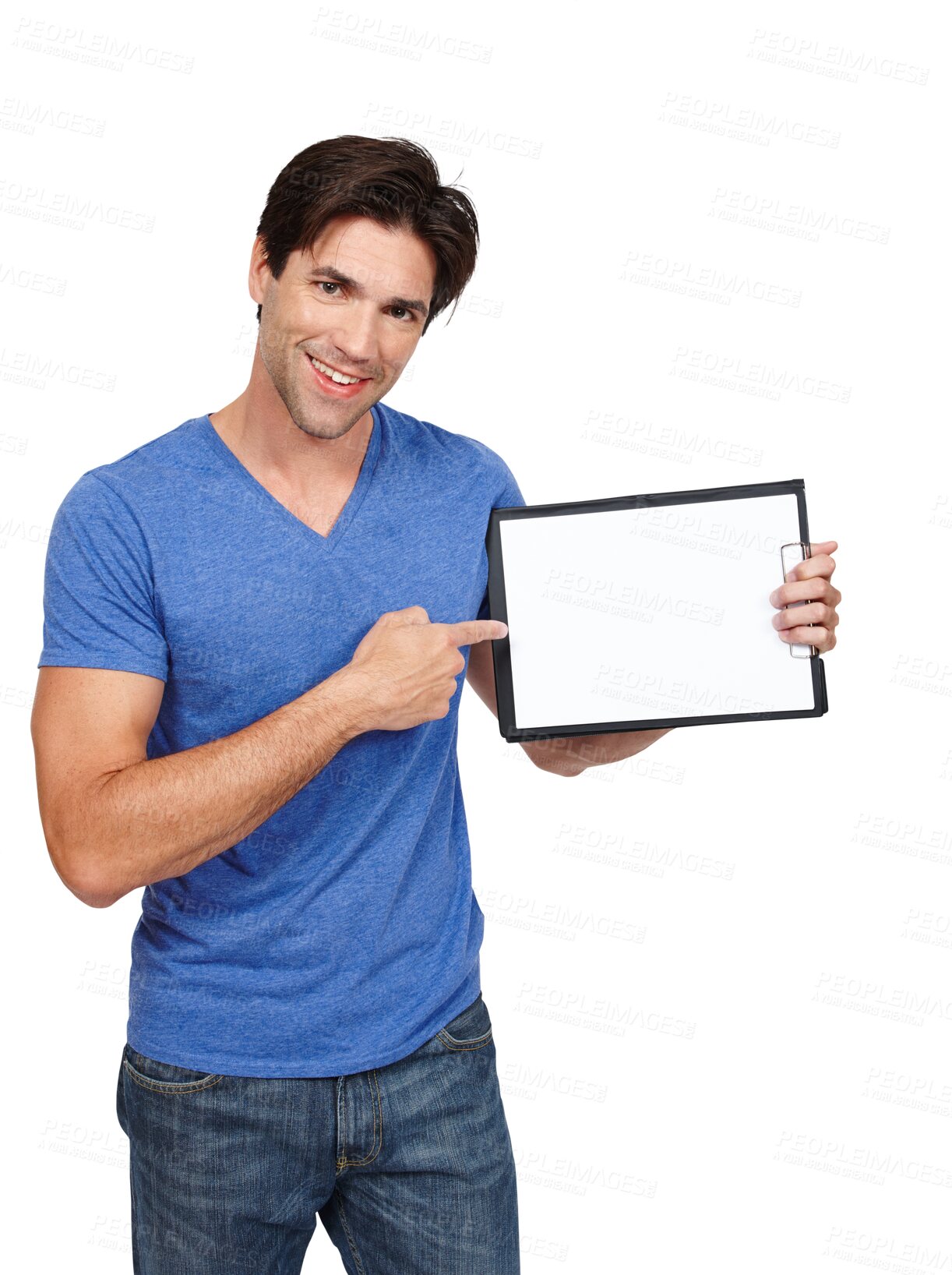 Buy stock photo Man, blank clipboard and smile in portrait, sign up and paper for advertising, info and logo. Male person, branding and poster or ambassador, announcement and isolated on transparent png background