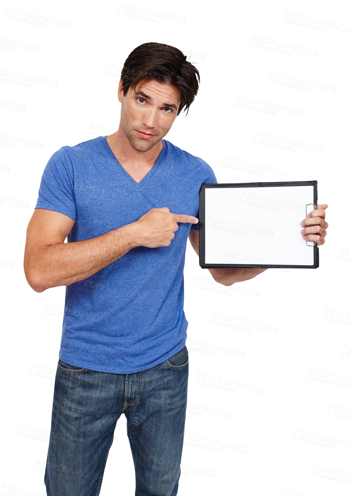 Buy stock photo Man, blank clipboard and poster or portrait, sign up and paper for advertising, info and logo. Male person, branding and message or ambassador, announcement and presentation for promotion or text