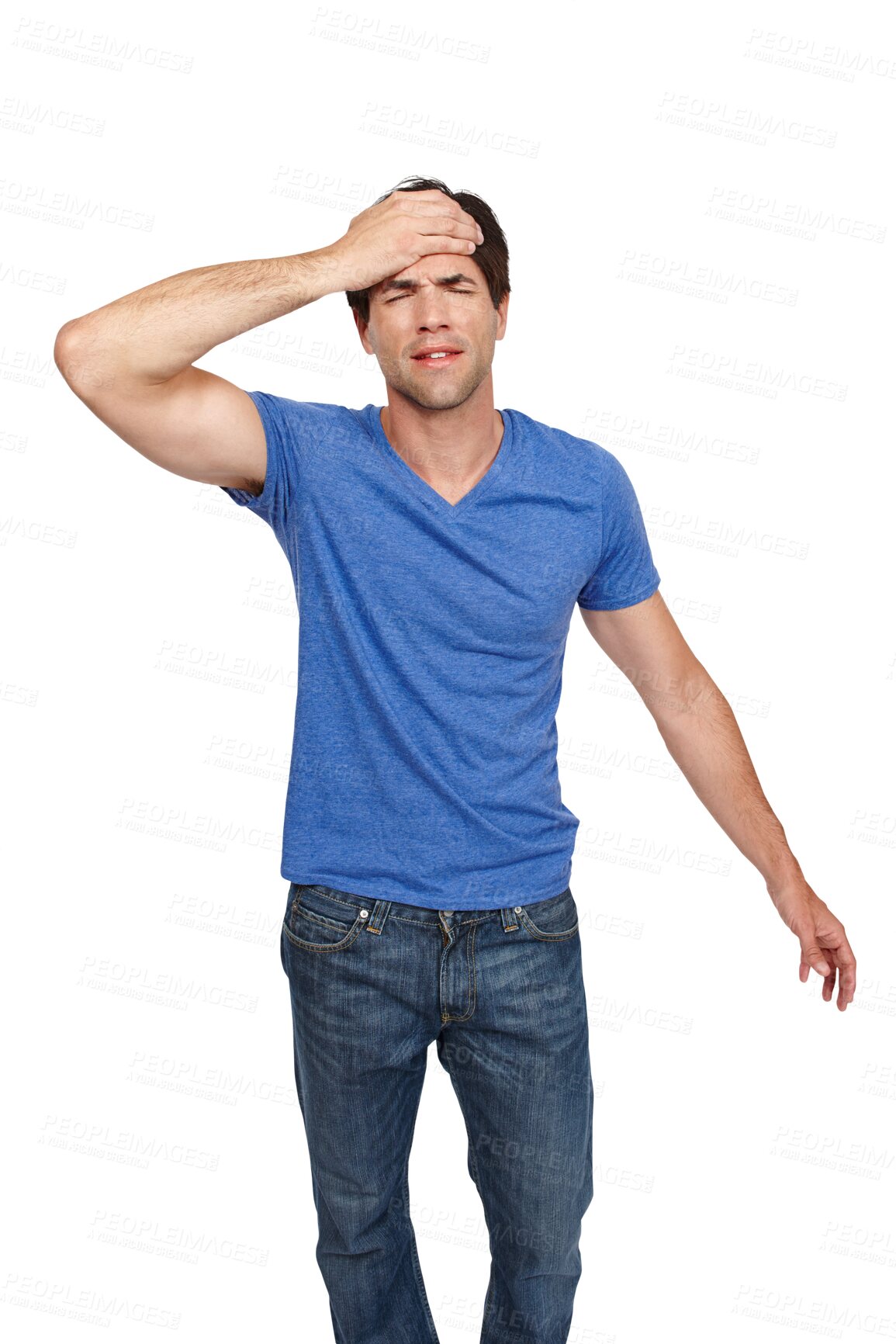 Buy stock photo Man, headache and pain or stress, burnout and mental health or frustrated, suffering and tension. Male person, migraine and anxiety for mistake, fail and isolated on transparent png background