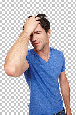 Buy stock photo Man, headache and pain or stress, burnout and mental health or frustrated, fatigue and tension. Male person, migraine and anxiety for mistake, fail and isolated on transparent png background