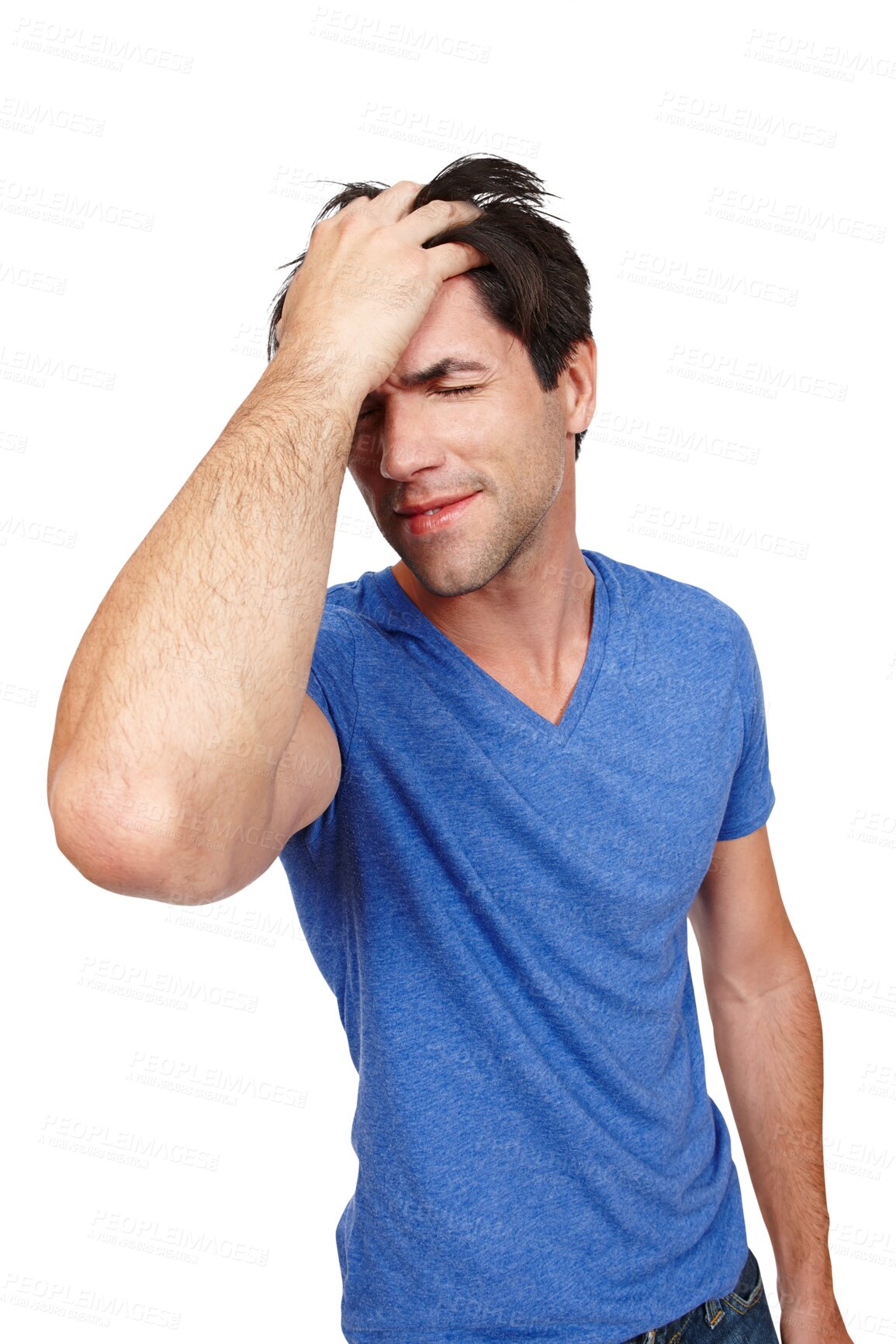 Buy stock photo Man, headache and pain or stress, burnout and mental health or frustrated, fatigue and tension. Male person, migraine and anxiety for mistake, fail and isolated on transparent png background