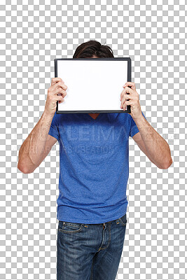 Buy stock photo Man, blank clipboard and poster or hiding, sign up and paper for advertising, info and card. Male person, information and marketing or mockup, announcement and isolated on transparent png background