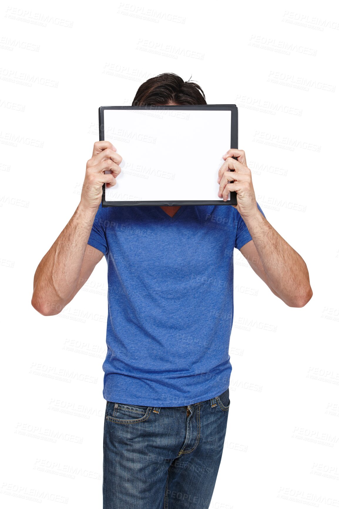 Buy stock photo Man, blank clipboard and poster or hiding, sign up and paper for advertising, info and card. Male person, information and marketing or mockup, announcement and isolated on transparent png background