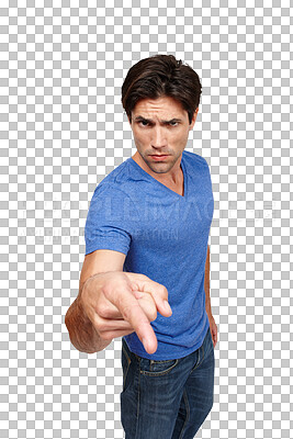 Buy stock photo Portrait, accuse and blame with an angry man pointing while isolated on a transparent background. Accountability, warning and finger with a frustrated young person looking unhappy or upset on PNG