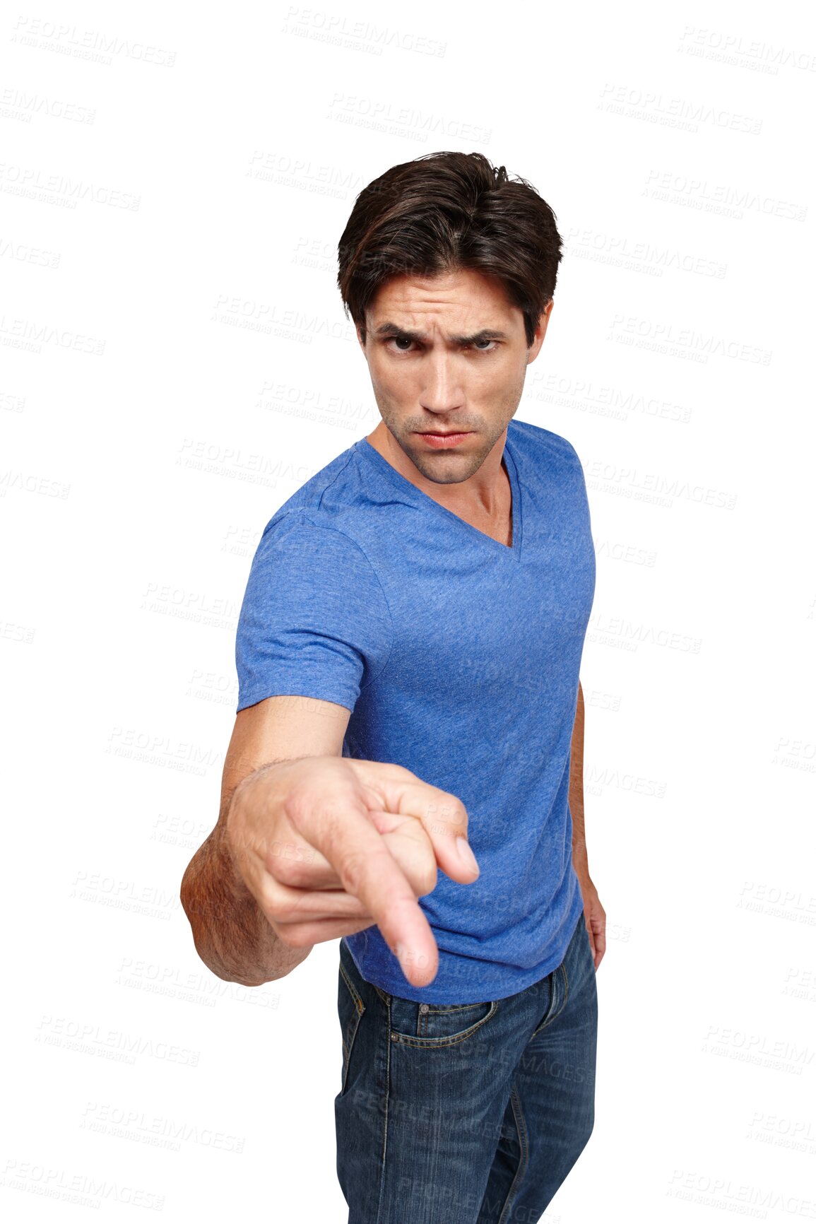 Buy stock photo Portrait, accuse and blame with an angry man pointing while isolated on a transparent background. Accountability, warning and finger with a frustrated young person looking unhappy or upset on PNG