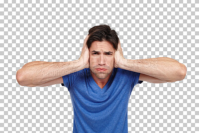 Buy stock photo Man, headache and cover ears for stress or mental health in portrait with frustrated face isolated on transparent png background. Angry, anxiety and fear or scared person hands to stop noise or sound