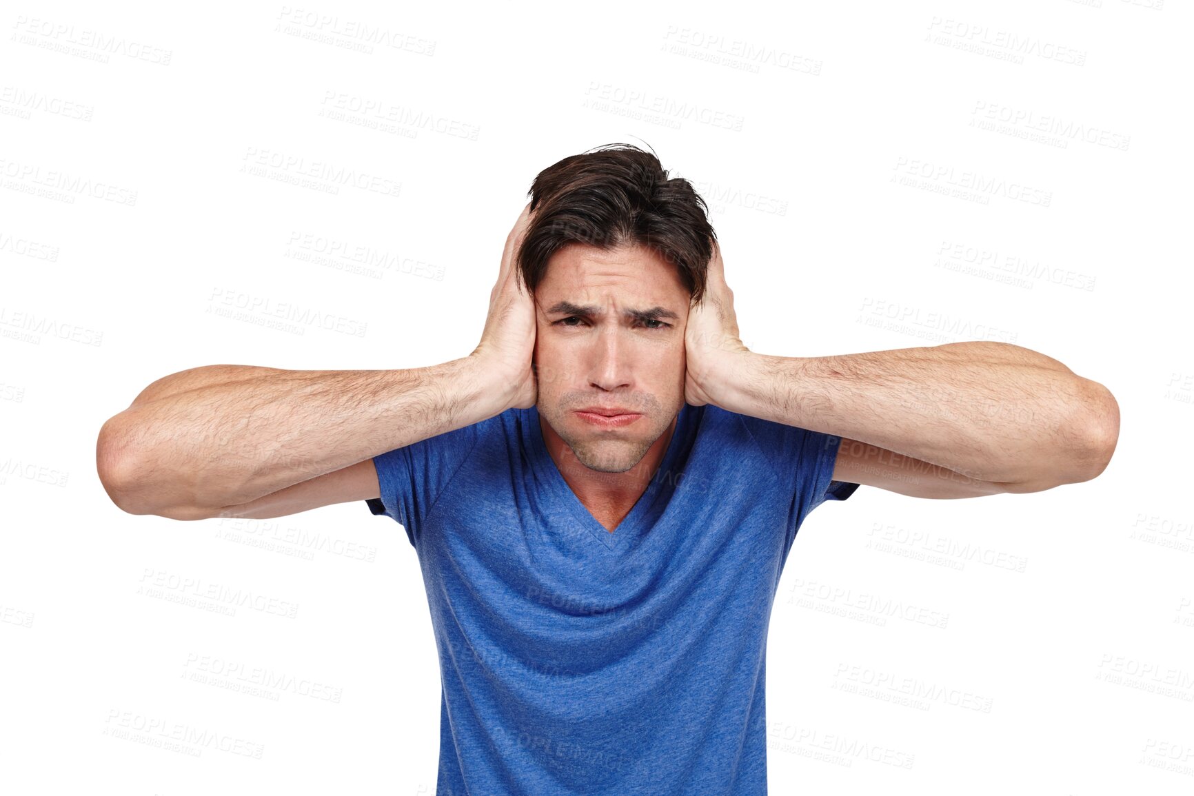 Buy stock photo Man, headache and cover ears for stress or mental health in portrait with frustrated face isolated on transparent png background. Angry, anxiety and fear or scared person hands to stop noise or sound