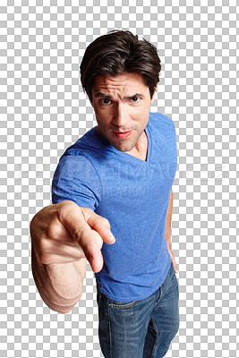 Buy stock photo Portrait, accountability and blame with an angry man pointing while isolated on a transparent background. Warning, accuse and finger with a frustrated young person looking unhappy or upset on PNG