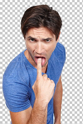 Buy stock photo Portrait, man and finger in mouth, nausea and isolated on a transparent png background. Face, throat and frustrated person with disgust, show dislike or sick customer stomach vomit, tired or puke