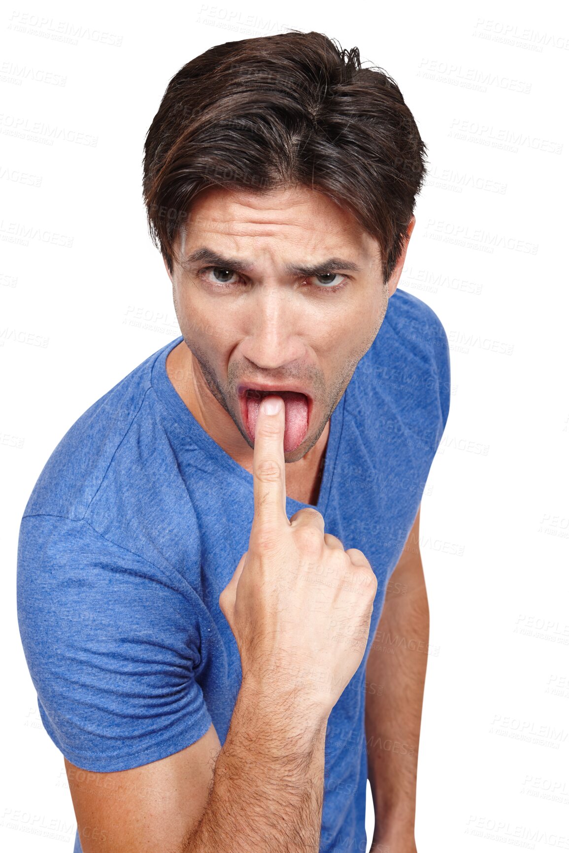 Buy stock photo Portrait, man and finger in mouth, nausea and isolated on a transparent png background. Face, throat and frustrated person with disgust, show dislike or sick customer stomach vomit, tired or puke