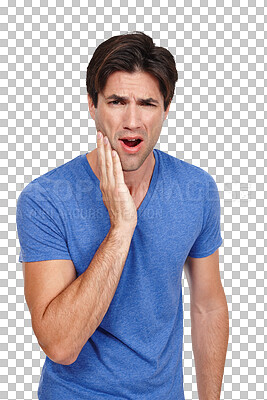 Buy stock photo Man, portrait and hand as toothache pain or gum disease inflammation, dental problem or orthodontics. Male person, mouth bacteria and oral gingivitis crisis or isolated, transparent png as background