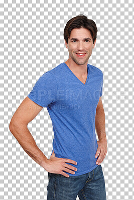 Buy stock photo Man, fashion and portrait with cool clothes, happy and smile while isolated on transparent png background. Face, denim jeans and young with trendy outfit, stylish and contemporary clothing style
