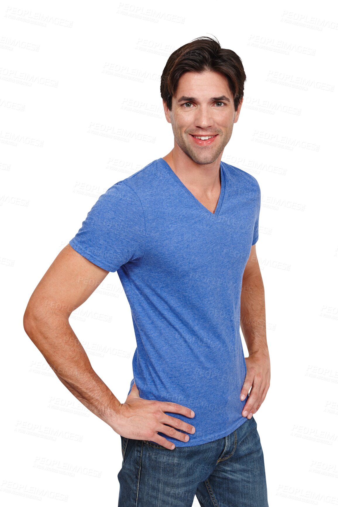 Buy stock photo Man, fashion and portrait with cool clothes, happy and smile while isolated on transparent png background. Face, denim jeans and young with trendy outfit, stylish and contemporary clothing style
