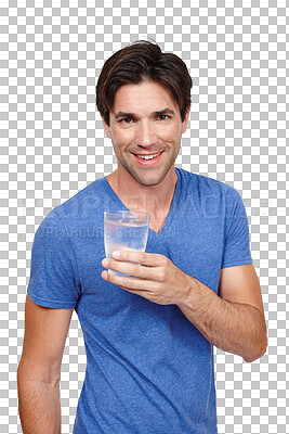 Buy stock photo Portrait, glass of water a young man isolated on a transparent background to recommend a drink. Hydration, beverage and refreshment with a confident person on PNG for health, diet or nutrition