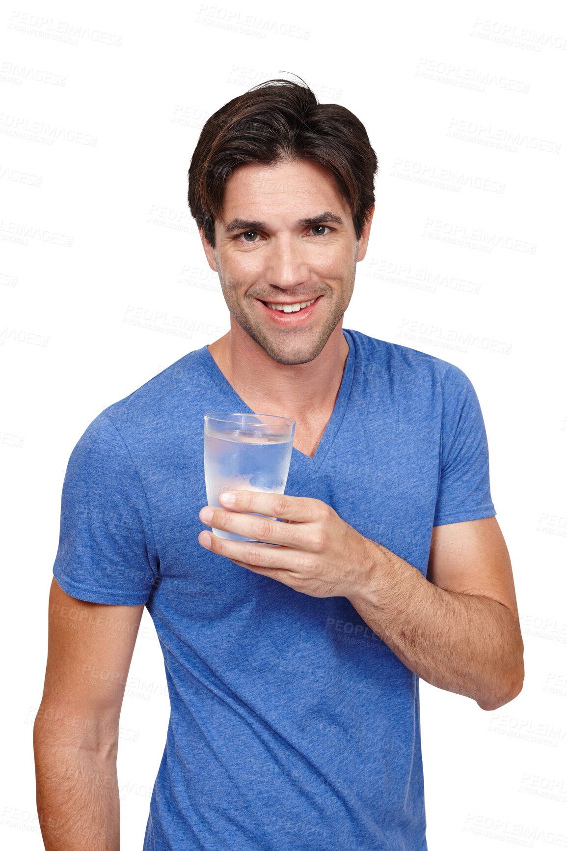 Buy stock photo Portrait, glass of water a young man isolated on a transparent background to recommend a drink. Hydration, beverage and refreshment with a confident person on PNG for health, diet or nutrition