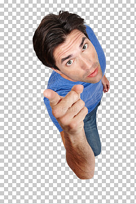 Buy stock photo Man, portrait and pointing to you above for choice or selection isolated on a transparent PNG background. Top view of male person or model in casual fashion for decision, picking or opportunity