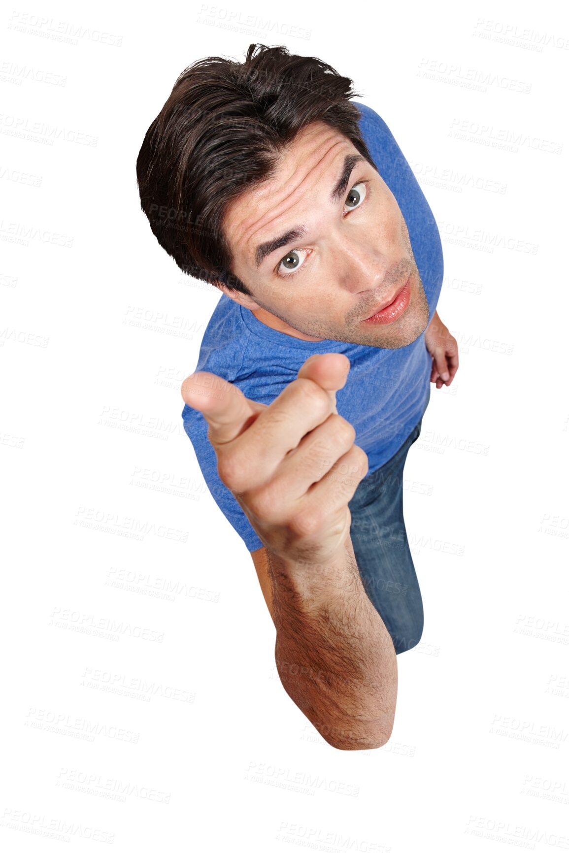 Buy stock photo Man, portrait and pointing to you above for choice or selection isolated on a transparent PNG background. Top view of male person or model in casual fashion for decision, picking or opportunity