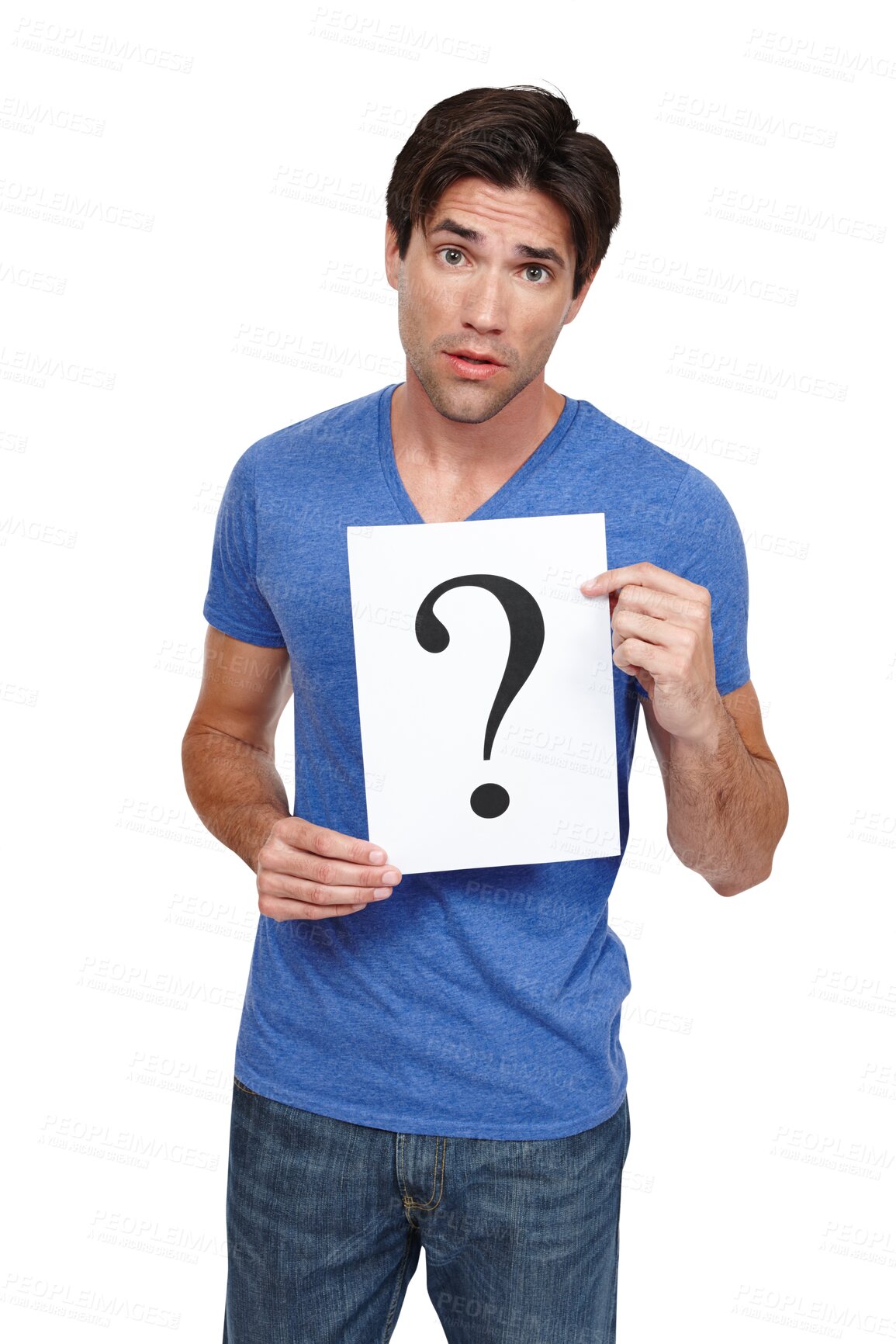 Buy stock photo Man, portrait and poster with question for thinking, solution or problem isolated on a transparent PNG background. Male person or model in casual clothing, fashion or clueless symbol on billboard