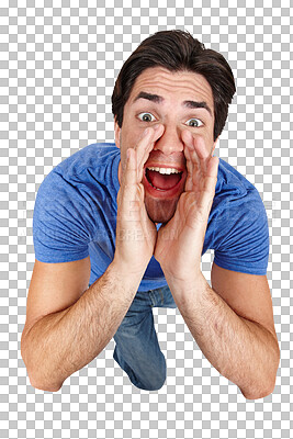 Buy stock photo Portrait, screaming and announcement with a young man isolated on a transparent background from above. Loud, shouting or yelling and a person cupping his mouth with his hands for volume on PNG