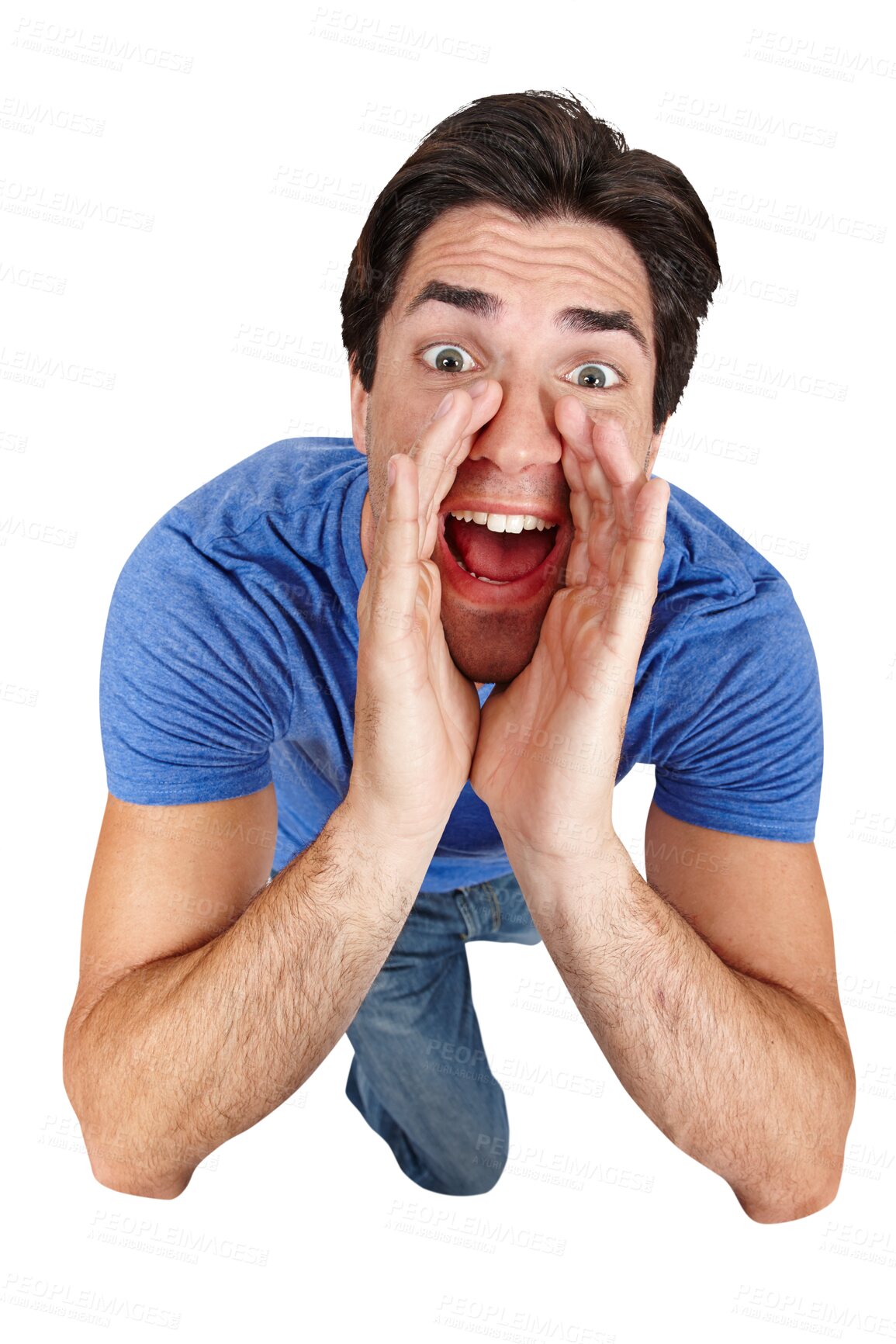 Buy stock photo Portrait, screaming and announcement with a young man isolated on a transparent background from above. Loud, shouting or yelling and a person cupping his mouth with his hands for volume on PNG