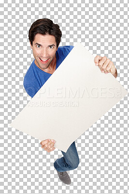 Buy stock photo Happy man, portrait and billboard for advertising or marketing isolated on a transparent PNG background. Male person or model smile with poster or sign for advertisement, notification or promotion