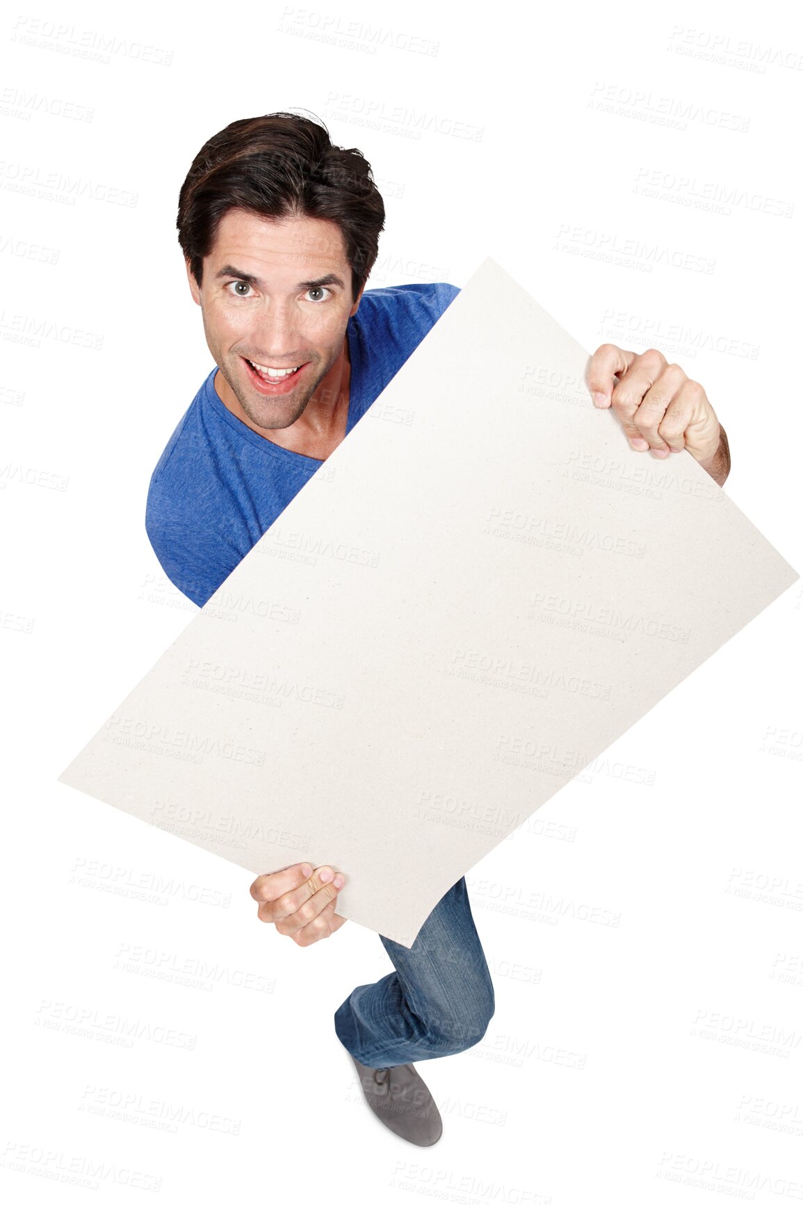 Buy stock photo Happy man, portrait and billboard for advertising or marketing isolated on a transparent PNG background. Male person or model smile with poster or sign for advertisement, notification or promotion