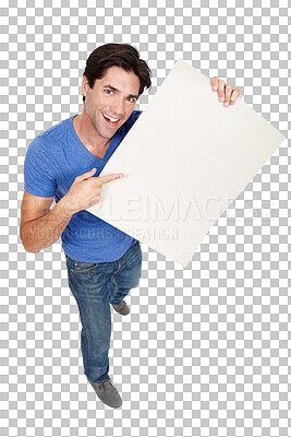 Buy stock photo Happy man, portrait and pointing to billboard for advertising or marketing isolated on a transparent PNG background. Male person or model smile with poster or sign for promotion, deal or notification