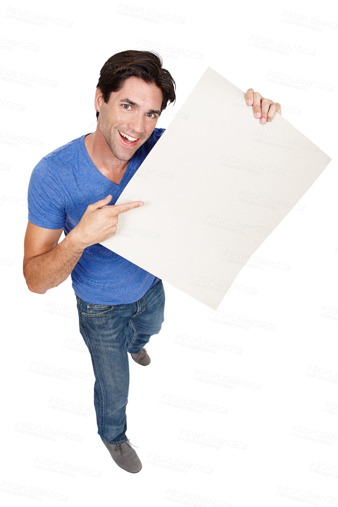 Buy stock photo Happy man, portrait and pointing to billboard for advertising or marketing isolated on a transparent PNG background. Male person or model smile with poster or sign for promotion, deal or notification