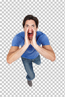 Buy stock photo Portrait, yelling and announcement with a young man isolated on a transparent background from above. Loud, screaming or shouting and a person cupping his mouth with his hands for volume on PNG