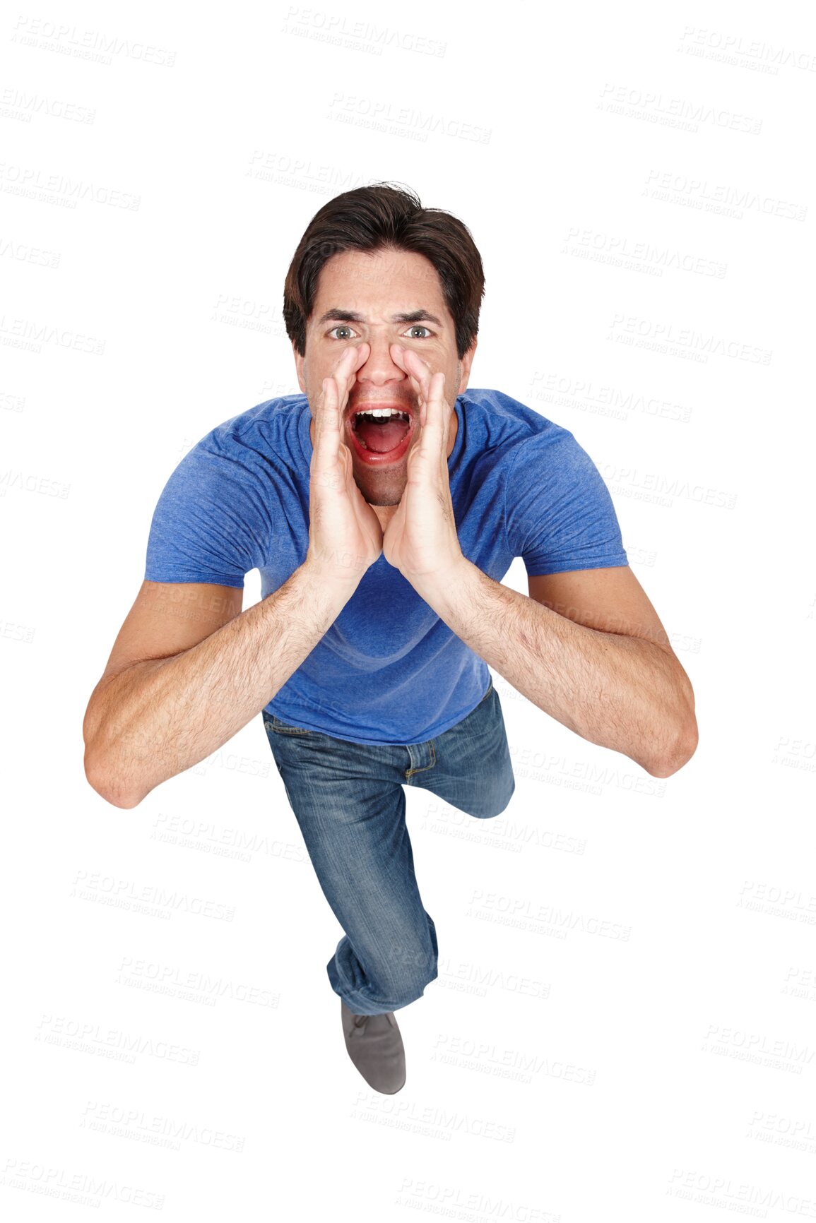 Buy stock photo Portrait, yelling and announcement with a young man isolated on a transparent background from above. Loud, screaming or shouting and a person cupping his mouth with his hands for volume on PNG