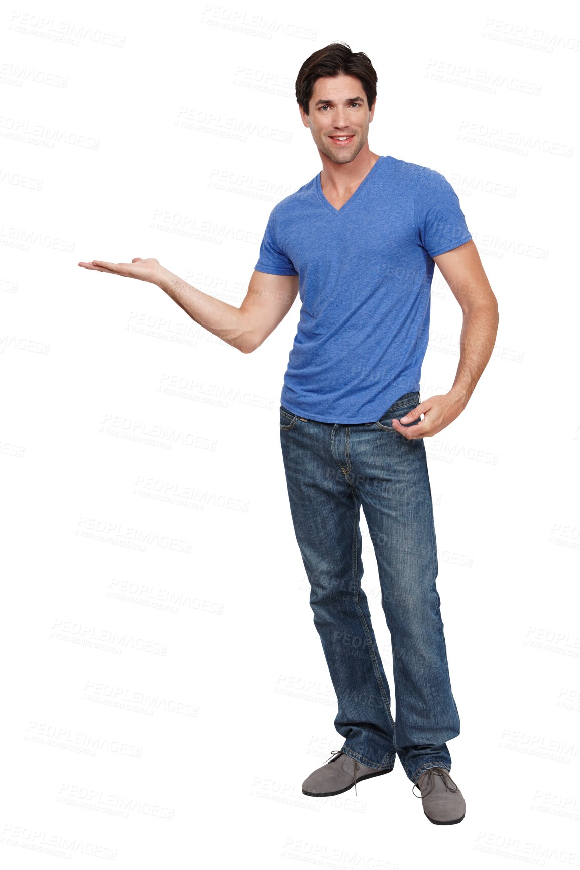 Buy stock photo Portrait, advertising and the palm of a man for offer isolated on a transparent background for marketing. Presentation, menu or sale with the hand of a confident young person on PNG for promotion