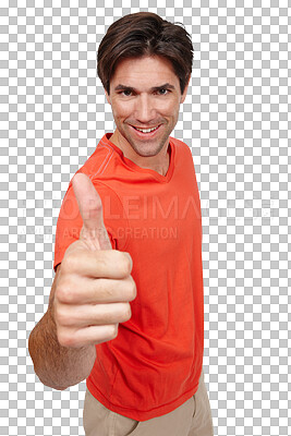 Buy stock photo Happy man, portrait and thumbs up for winning, success or thank you isolated on a transparent PNG background. Male person or model smile with like emoji, yes sign or OK for agreement or approval