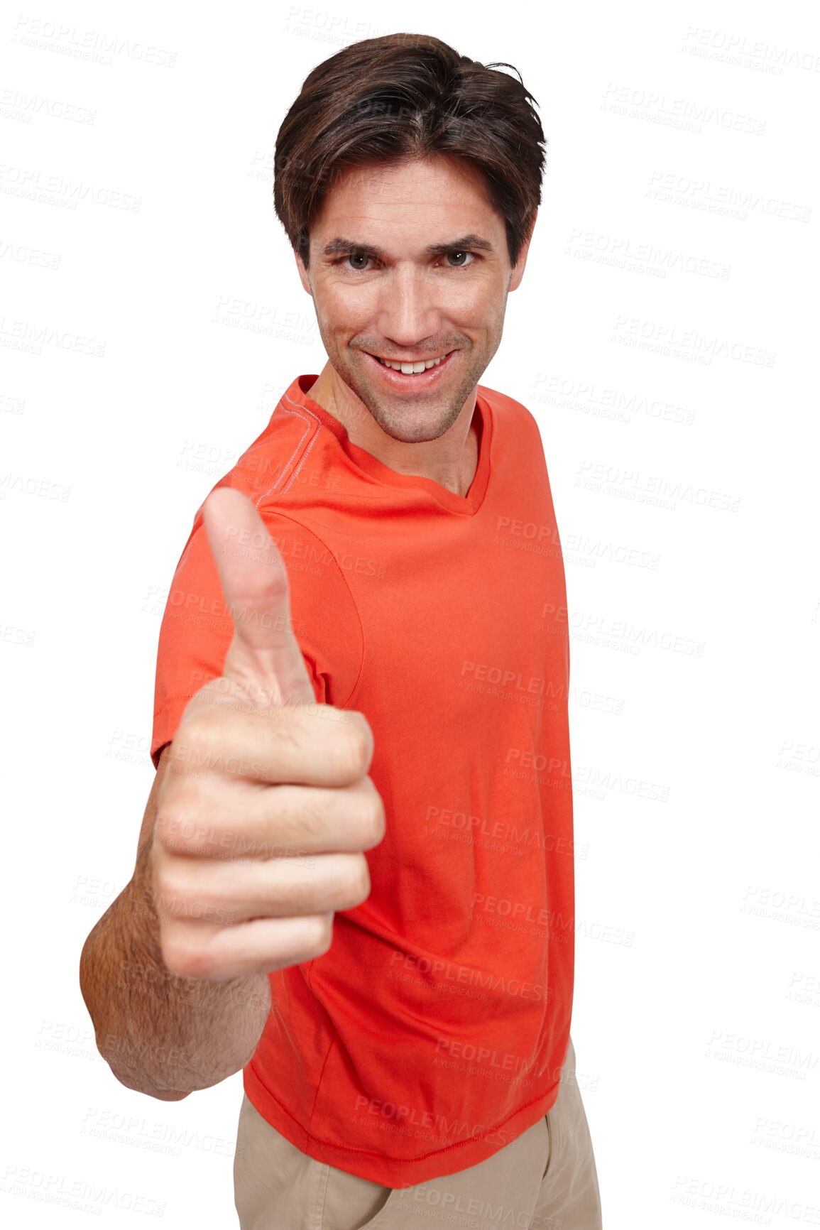 Buy stock photo Happy man, portrait and thumbs up for winning, success or thank you isolated on a transparent PNG background. Male person or model smile with like emoji, yes sign or OK for agreement or approval