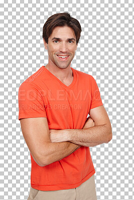 Buy stock photo Happy man, portrait and casual in fashion or confidence isolated on a transparent PNG background. Attractive or handsome young male person or model smile with arms crossed in tshirt or clothing style