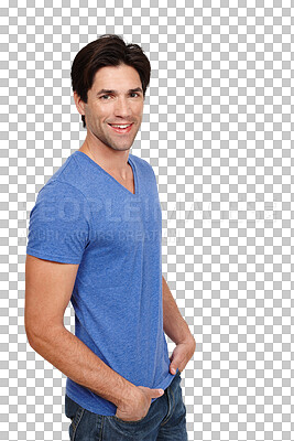 Buy stock photo Man, fashion and portrait with cool clothes, happy and vision while isolated on transparent png background. Face, denim jeans and young with trendy outfit, stylish and contemporary clothing style
