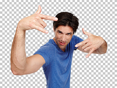 Buy stock photo Portrait, energy and rock gesture with a man isolated on a transparent background for freedom of expression. Hand sign, heavy metal and emoji with a confident or excited young person posing on PNG