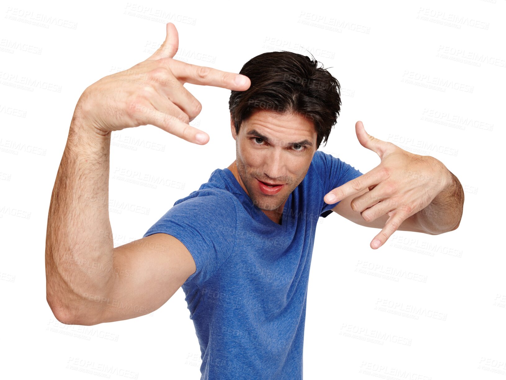 Buy stock photo Portrait, energy and rock gesture with a man isolated on a transparent background for freedom of expression. Hand sign, heavy metal and emoji with a confident or excited young person posing on PNG