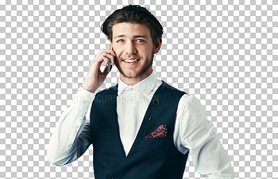 Buy stock photo Business man, phone call and portrait for communication, networking and information on formal event. Happy professional person in suit with mobile chat or FAQ isolated on a transparent PNG background