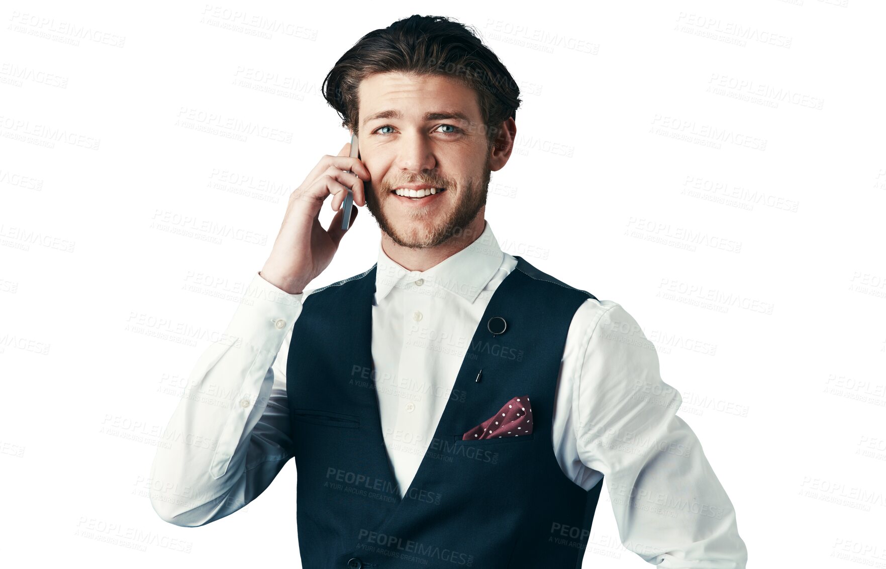 Buy stock photo Business man, phone call and portrait for communication, networking and information on formal event. Happy professional person in suit with mobile chat or FAQ isolated on a transparent PNG background