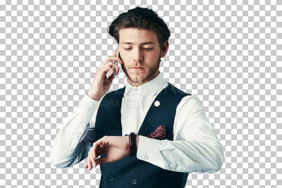 Buy stock photo Business, man and checking time with phone call for schedule isolated on png transparent background. Person, smartphone and watch for contact, appointment or networking with deadline or discussion