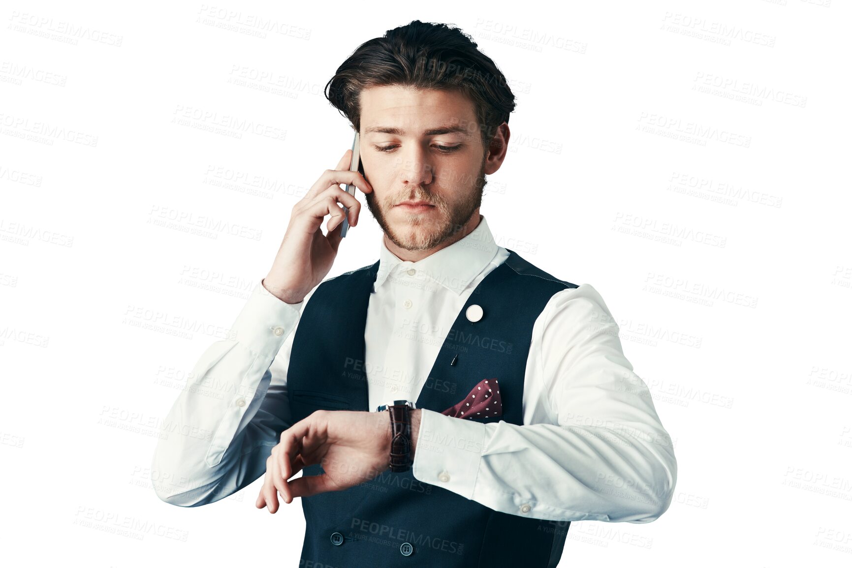 Buy stock photo Business, man and checking time with phone call for schedule isolated on png transparent background. Person, smartphone and watch for contact, appointment or networking with deadline or discussion