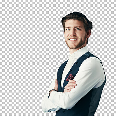 Buy stock photo Businessman, portrait and smile with arms crossed for career isolated on png transparent background. Entrepreneur, person and face with happy, confidence and pride for corporate service at workplace