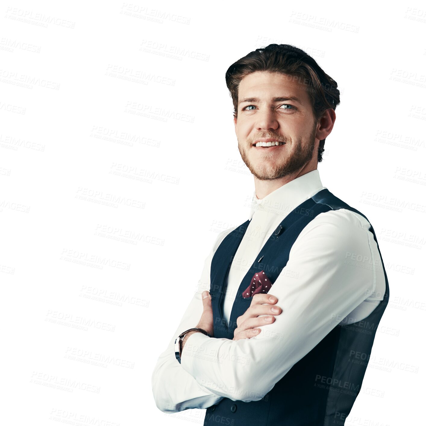 Buy stock photo Businessman, portrait and smile with arms crossed for career isolated on png transparent background. Entrepreneur, person and face with happy, confidence and pride for corporate service at workplace