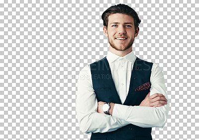 Buy stock photo Happy businessman, portrait and professional in fashion isolated on a transparent PNG background. Attractive, handsome and young man or employee smile with arms crossed in stylish clothing or suit