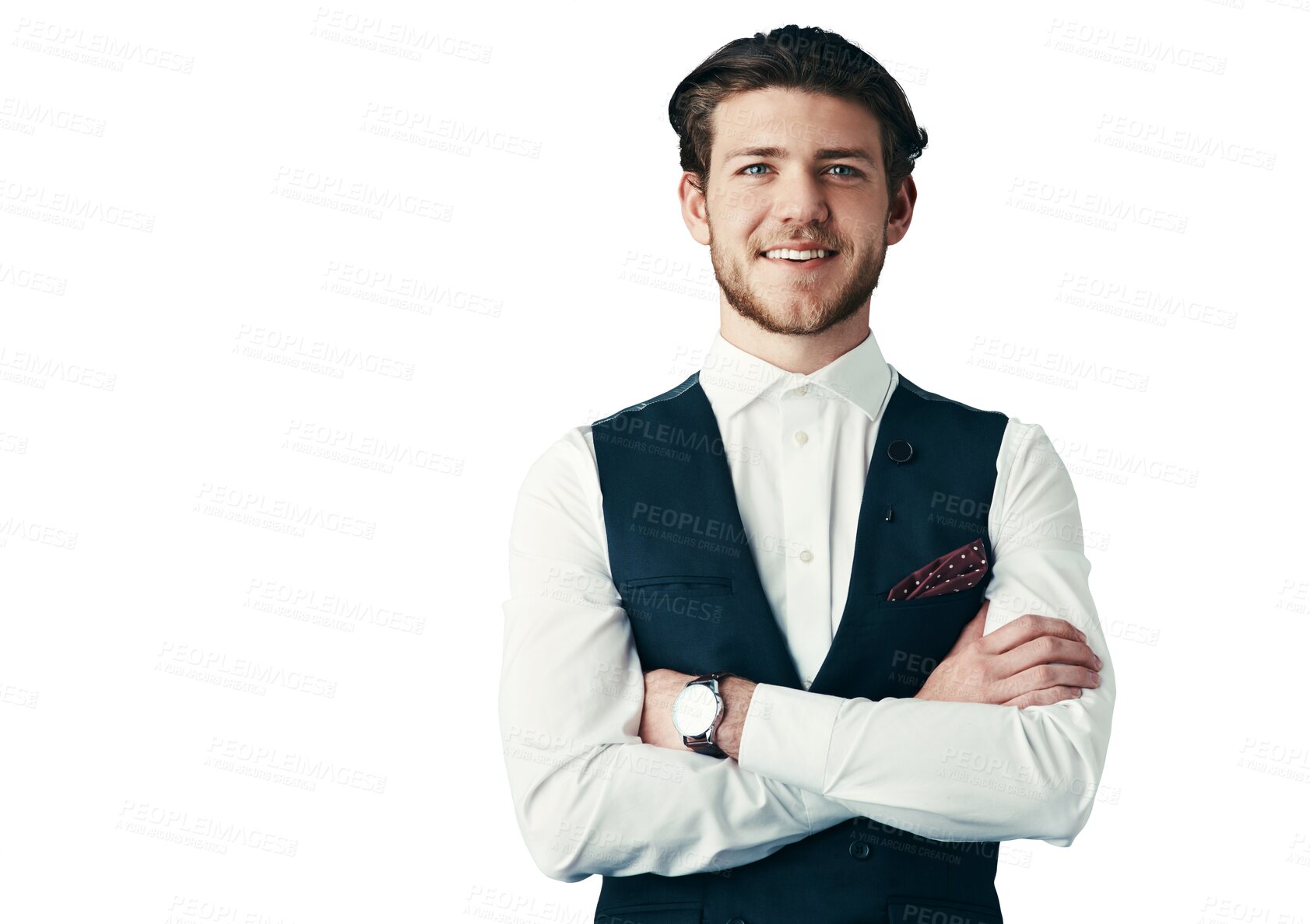 Buy stock photo Happy businessman, portrait and professional in fashion isolated on a transparent PNG background. Attractive, handsome and young man or employee smile with arms crossed in stylish clothing or suit