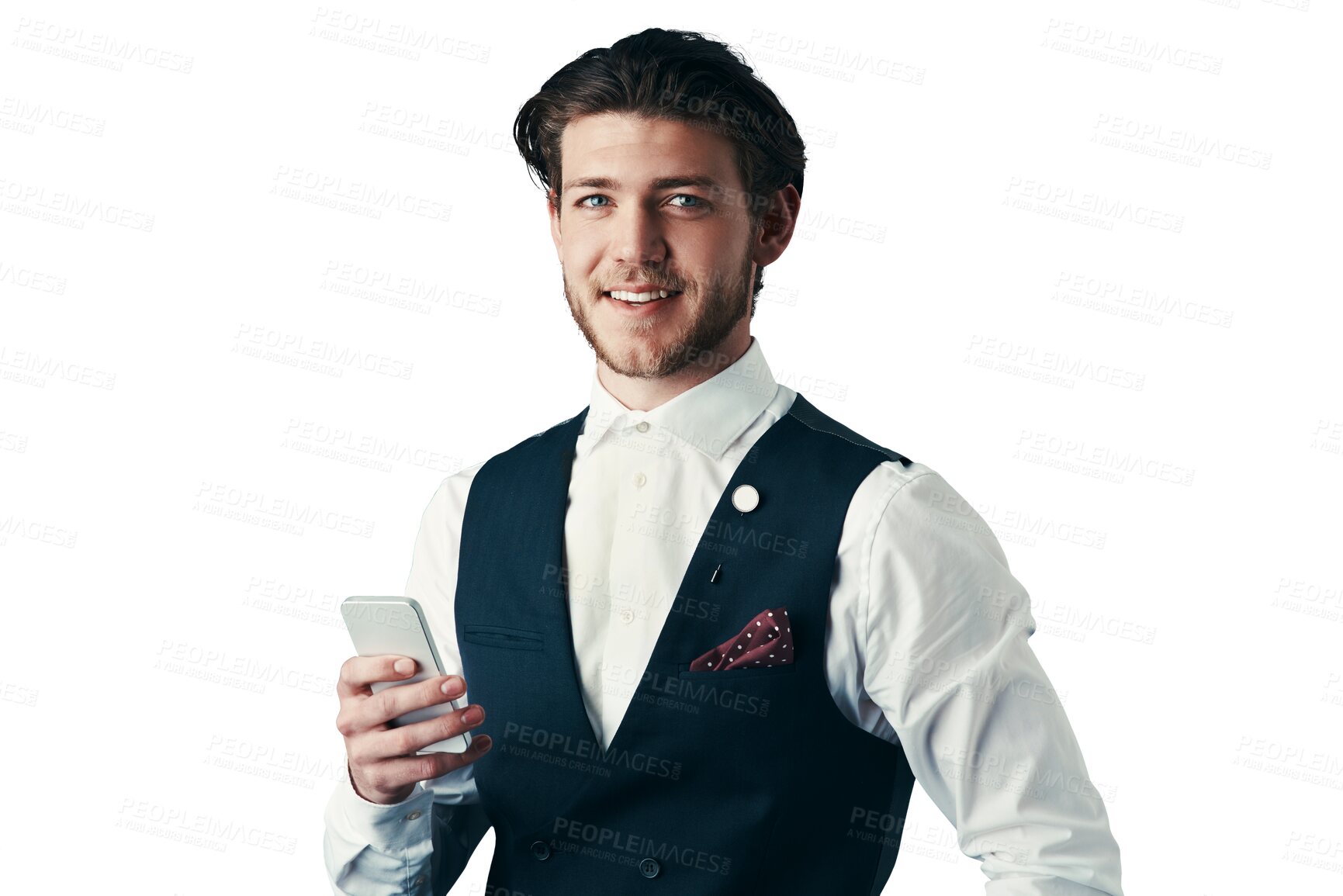 Buy stock photo Smile, portrait and business man on phone, corporate consultant and entrepreneur online. Face, happy professional agent and mobile tech, employee and worker isolated on a transparent png background